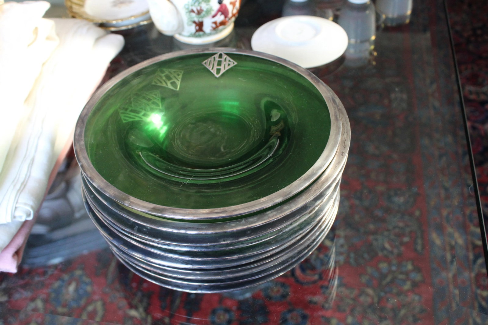 Silver Embossed Green Depression Glass 10 Serving Plate or Shallow Bowls - 7