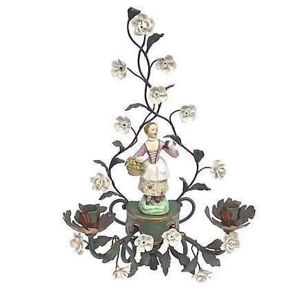 Antique Tole & Porcelain Floral Candle Sconce: Antique; 19th century, French, tole and porcelain, floral, candle sconce with mounted porcelain maiden figurine at center. Two arms with leaf detailing. White porcelain rose and daisy flower accents