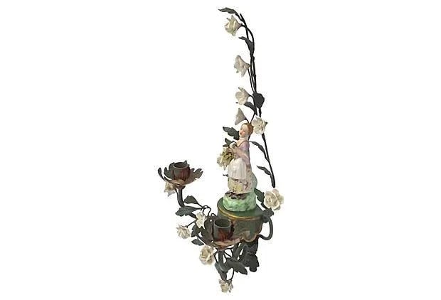 Antique Tole & Porcelain Floral Candle Sconce - 2