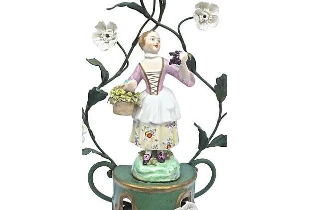 Antique Tole & Porcelain Floral Candle Sconce - 3