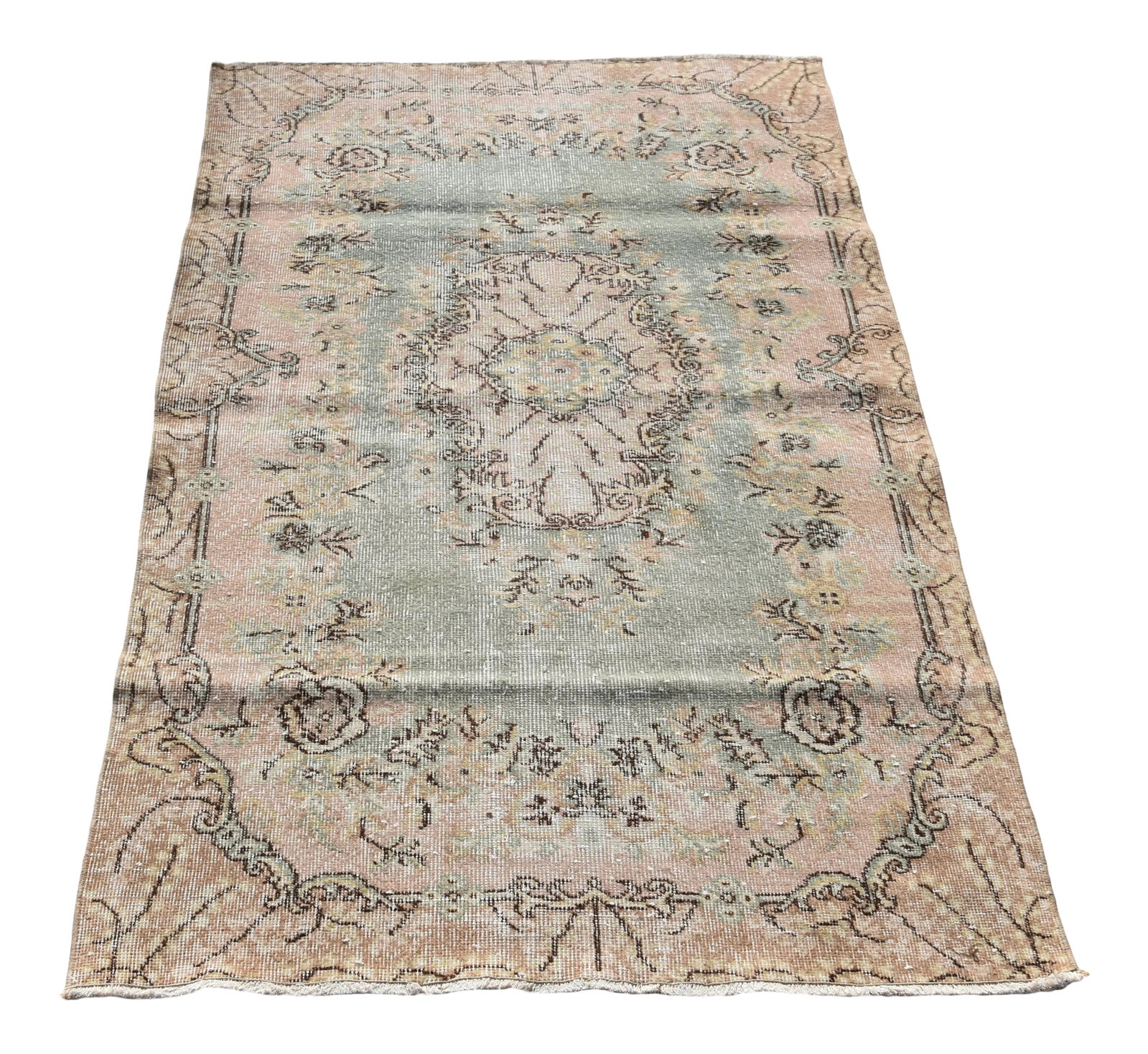 1960s Turkish Vintage Mint Handmade Floral Desing Wool Area Rug: Size: 3.8 x 7 ft ( 116 x 214 cm) 45.6 x 84.2 inches Color: Light Green Beige Blue Light Yellow Material: Wool Fast Shipping: Delivery in 3-5 Business Days. All rugs are handwoven by traditional
