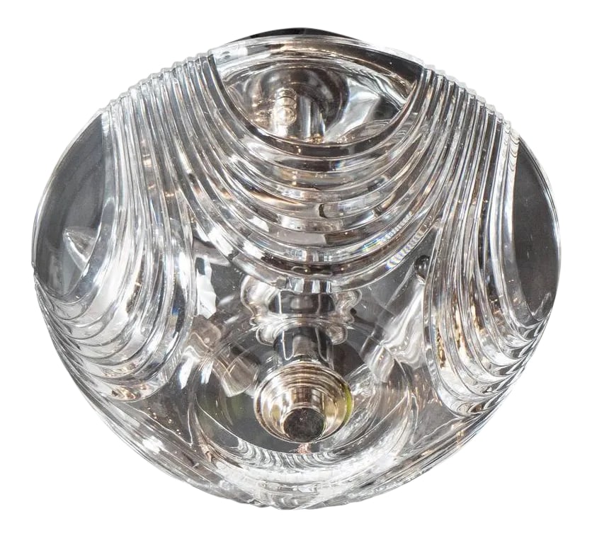 Art Deco Style Flush Mount Chandelier with Hand-Cut Crystal Dome: A fine piece of Art Deco style lighting, a flush mount chandelier with hand-cut crystal dome and chrome fittings. Sequential radial etchings make-up the design of this piece, which is fitted with a