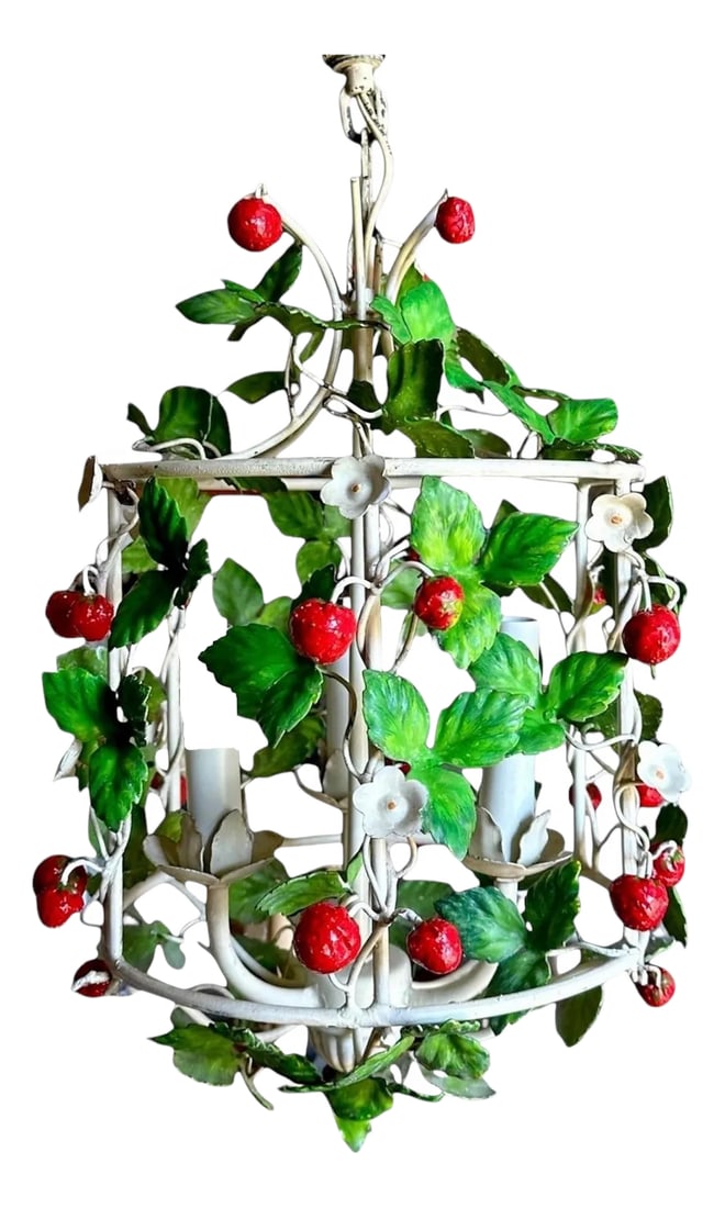 Vintage Italian Tole Strawberry Three Light Birdcage Chandelier / Lantern Light Fixture, Circa 1960: A stunning, vintage, Italian tole birdcage chandelier. Features an iron, birdcage form frame in white. Adorned with leaves, strawberries, and blossoms enameled in shades of red, white and green. A