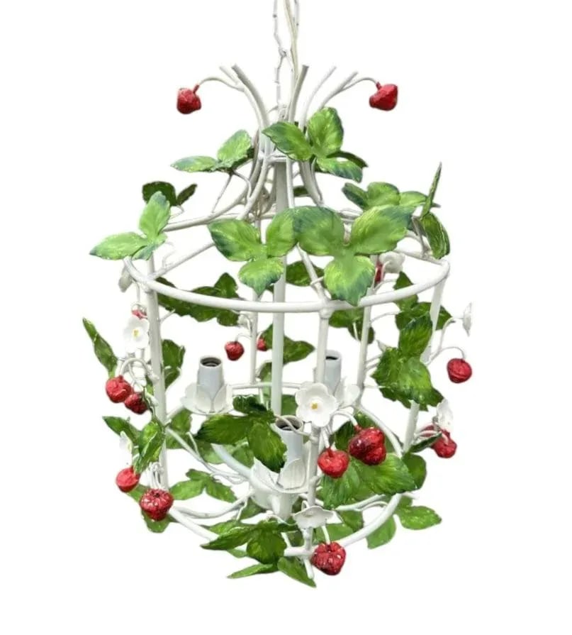 Vintage Italian Tole Strawberry Three Light Birdcage Chandelier / Lantern Light Fixture, Circa 1960 - 3