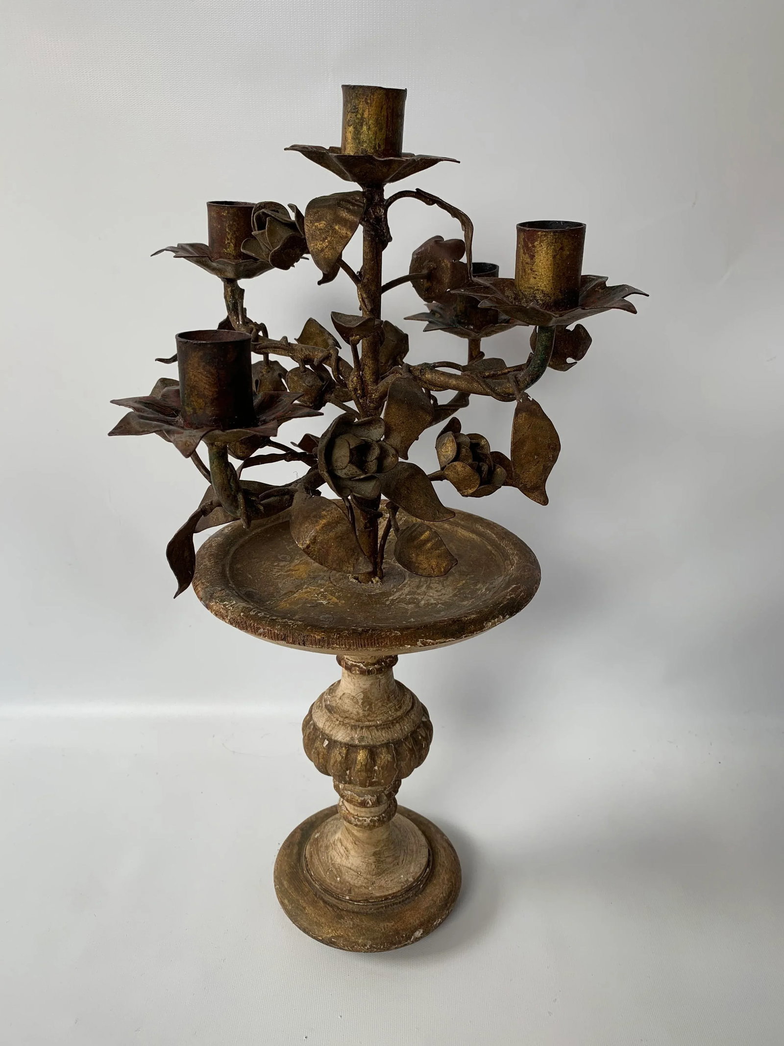 Antique Italian Gilded Wood and Tole Candelabra for 5 Candles - 2