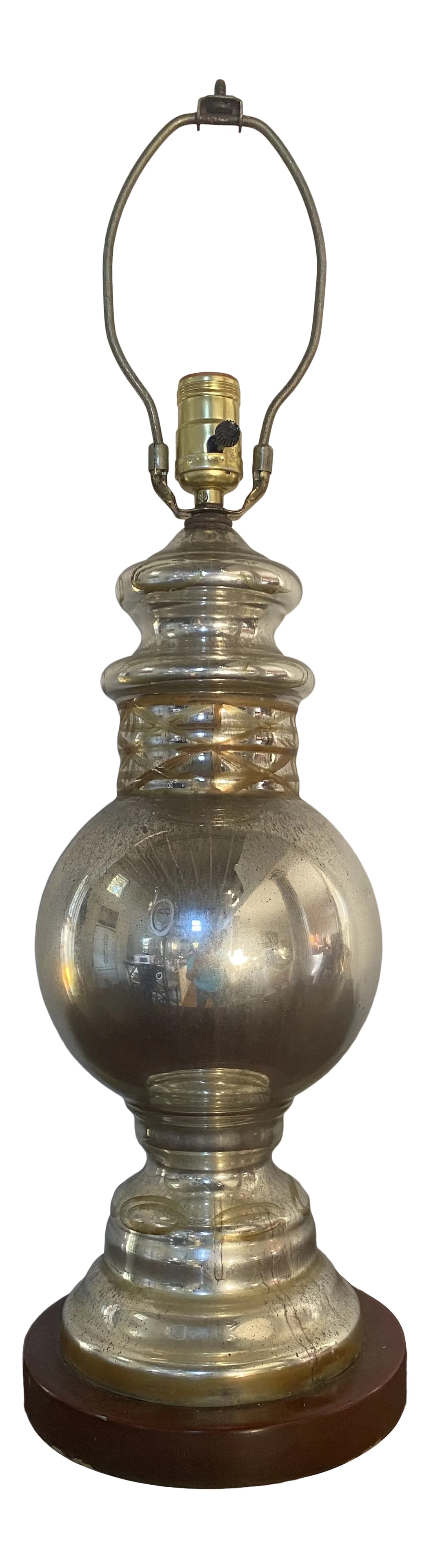 Antique Early 20th Century Mercury Glass Lamp: Unusually shaped and decorated authentic early 20th century lamp with great patina and interesting lattice and oval decoration. Height given is to the top of the socket. Harp is included but there is
