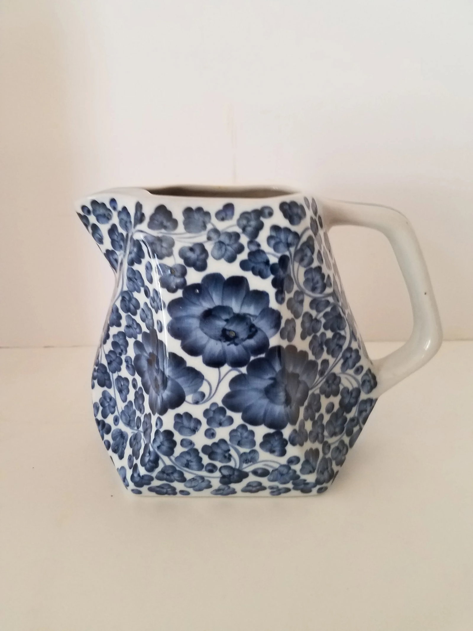 Vintage 1980s Chinoiserie Blue & White Ceramic Beverage Pitcher - 3