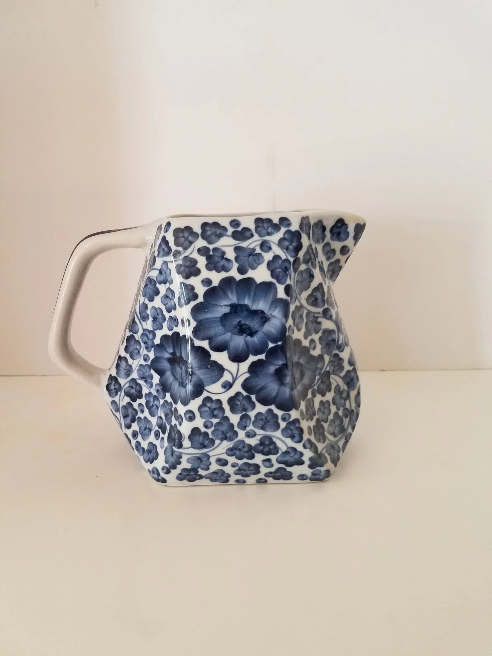 Vintage 1980s Chinoiserie Blue & White Ceramic Beverage Pitcher - 5