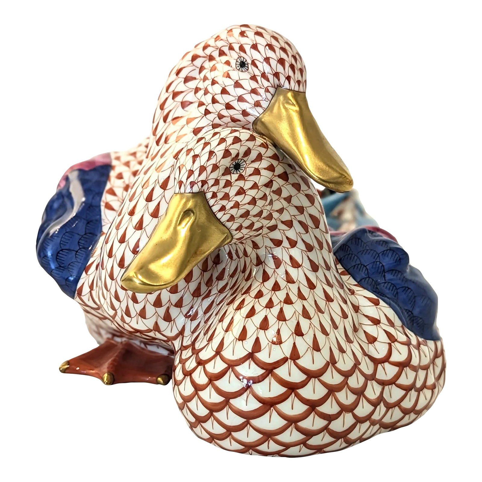 Pair of Herend Porcelain Ducks With Signature Fishnet Pattern (1 of 8)