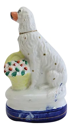 Antique Staffordshire Dog with Basket: Antique English Victorian Staffordshire dog with floral basket. Made circa 1850. as with most early Staffordshire, there is no maker's mark. Condition: Alterations: Original Condition Unaltered