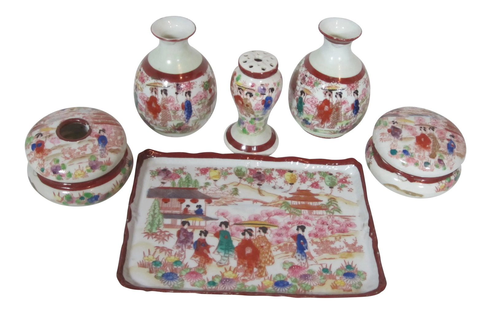 1930s Geisha Hand Painted Vanity Dresser Set - Set of 6: Japanese geisha 6 piece vanity set. The pieces are hand painted with temples, geishas, pagodas landscapes, trees and flowers. The set consists of: tray, 9" W x 6.5" D x. 25"H; hair receiver, 3.75" Dia