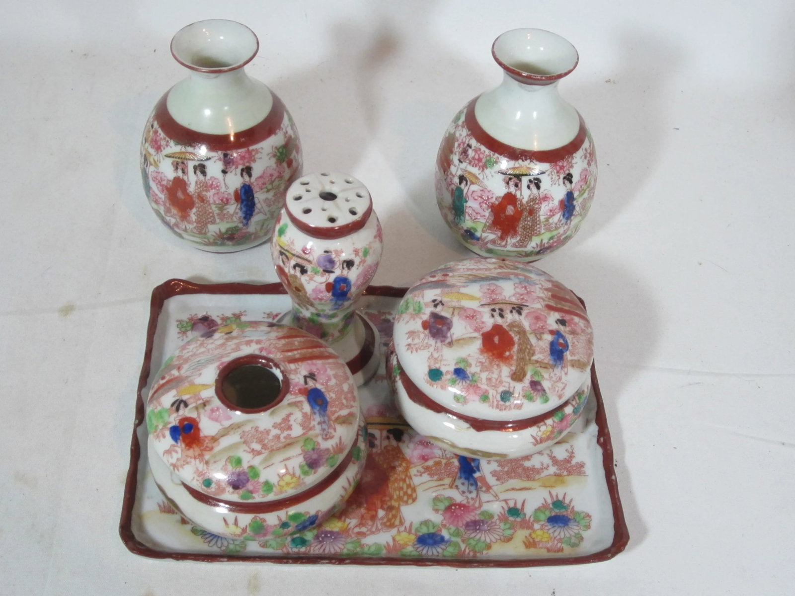 1930s Geisha Hand Painted Vanity Dresser Set - Set of 6 - 2