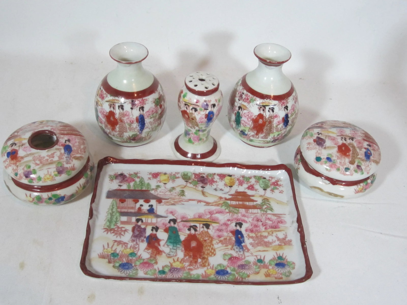 1930s Geisha Hand Painted Vanity Dresser Set - Set of 6 - 8