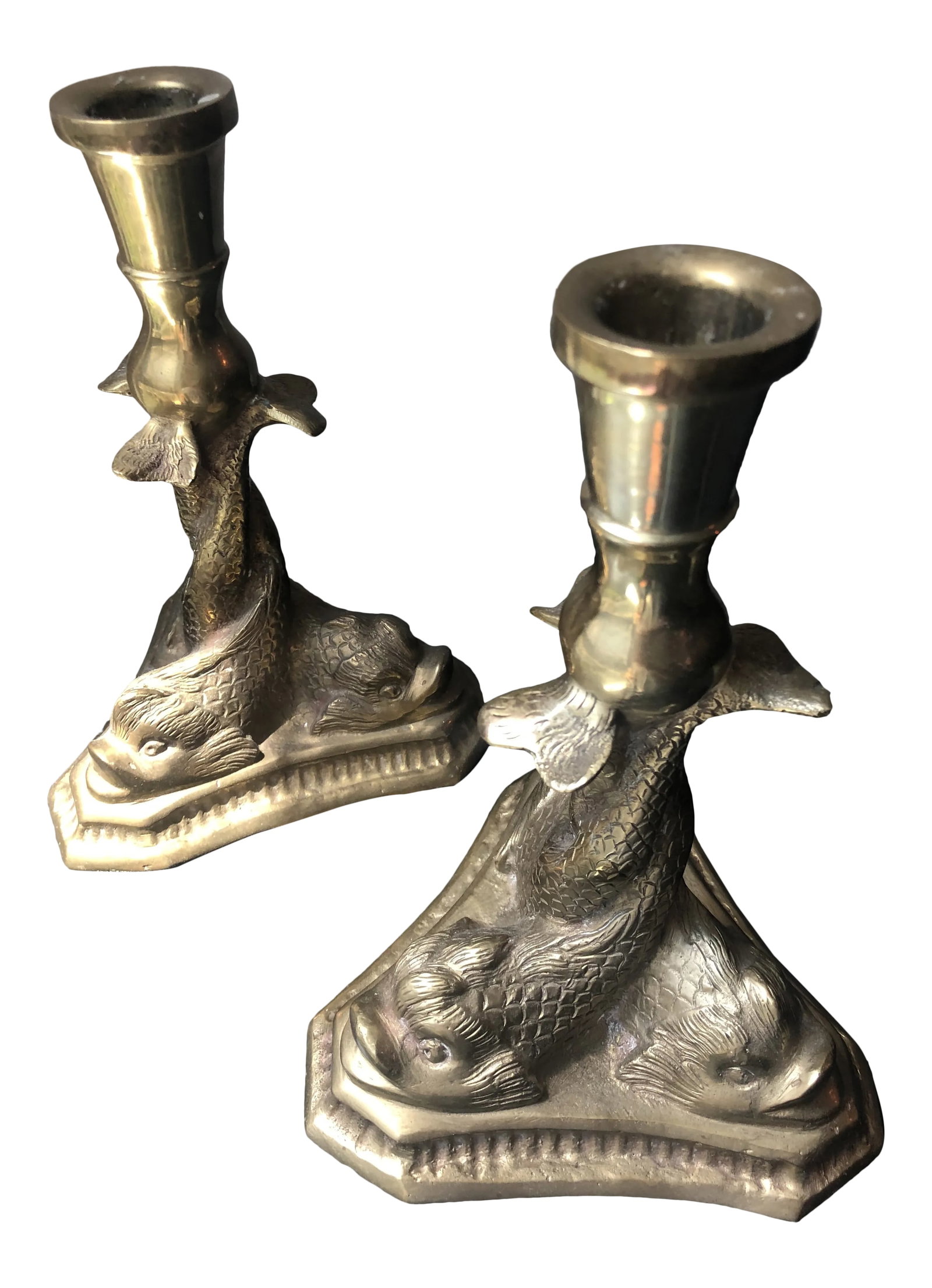 Brass Dolphin Fish Candlesticks - a Pair: Elegant brass candlesticks with a dolphin fish motif. Unmarked but likely Mottahedeh. Quite heavy for size. Condition: Alterations: Original Condition Unaltered Imperfections: Some Imperfections