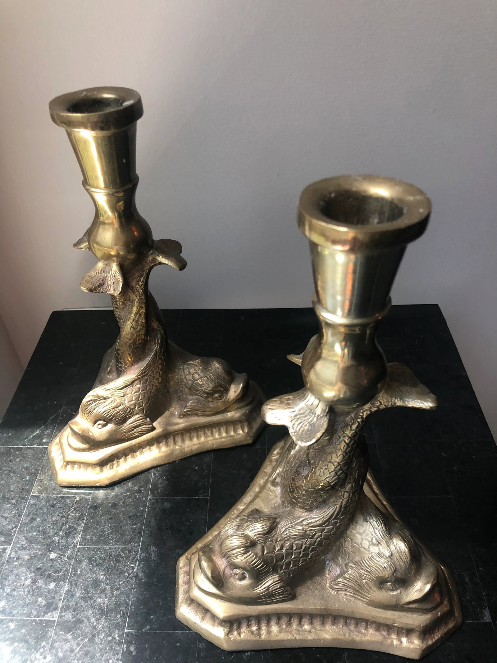 Brass Dolphin Fish Candlesticks - a Pair - 6
