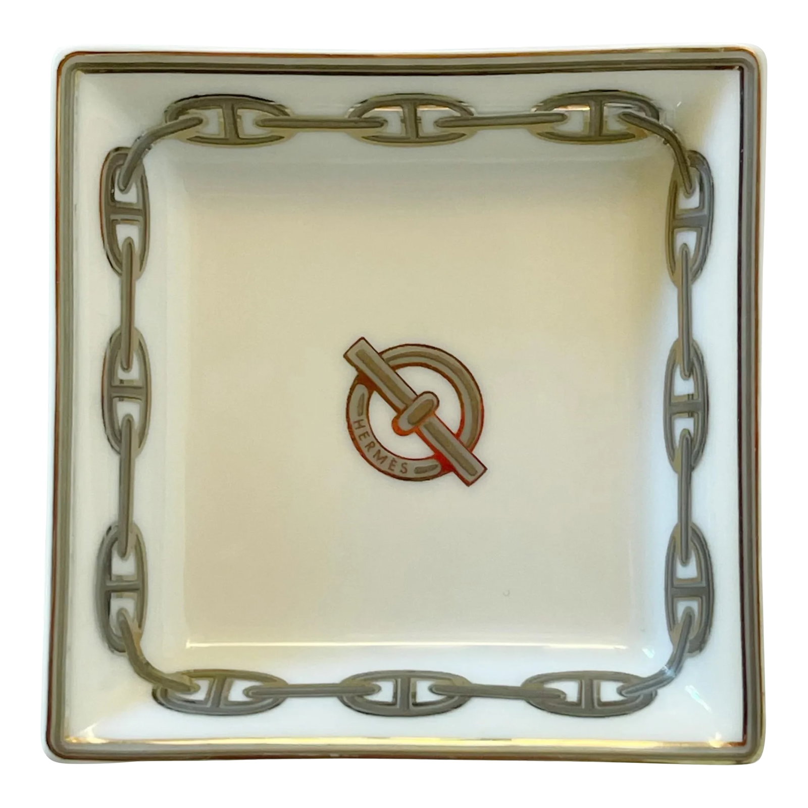 Hermes "Chaine D'Ancre" Vide Poche: Vintage Hermes "Chaine D'Ancre" platinum square porcelain vide-poche, change tray or pocket emptier with base in suede / Made in France circa 1990s Original stamp on the side / comes in original box