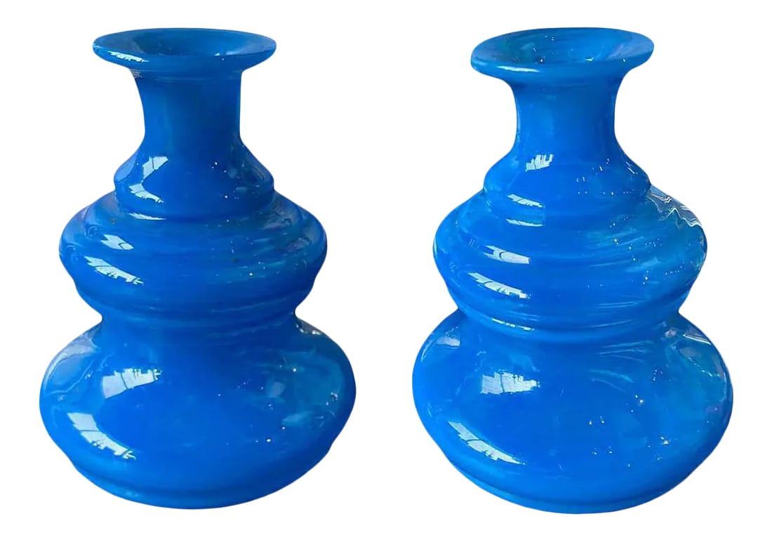 French Opaline Blue Vases - a Pair: Pair of antique 19th century French opaline vases in blue. Condition: Alterations: Original Condition Unaltered Imperfections: Some Imperfections Condition Notes: Excellent condition with wear
