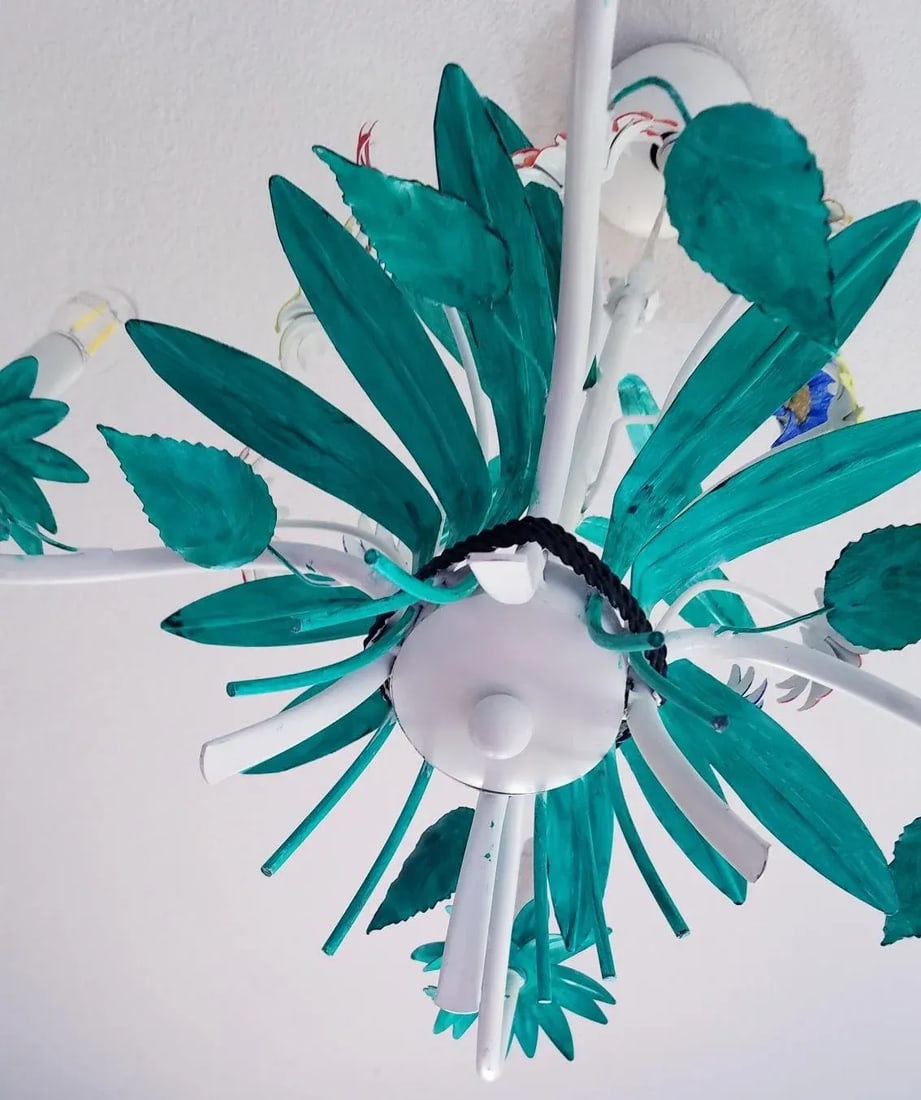 Mid-Century Italian Florentine Chandelier Painted Metal Tole Flowers Ceiling Light - 10
