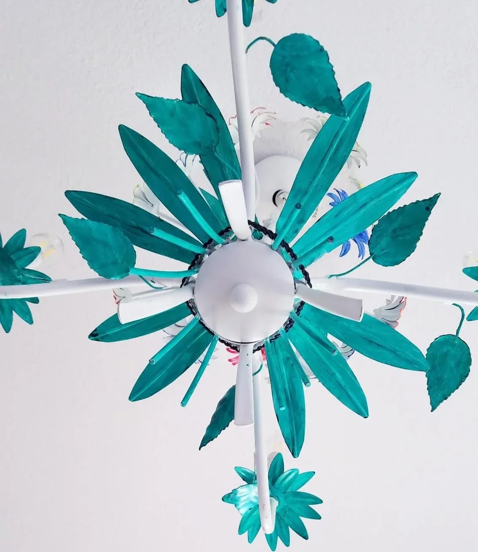 Mid-Century Italian Florentine Chandelier Painted Metal Tole Flowers Ceiling Light - 11