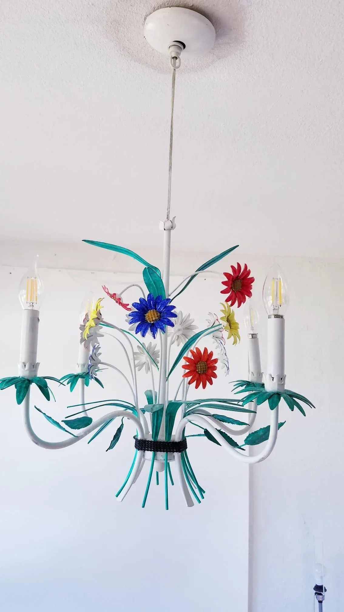 Mid-Century Italian Florentine Chandelier Painted Metal Tole Flowers Ceiling Light - 12