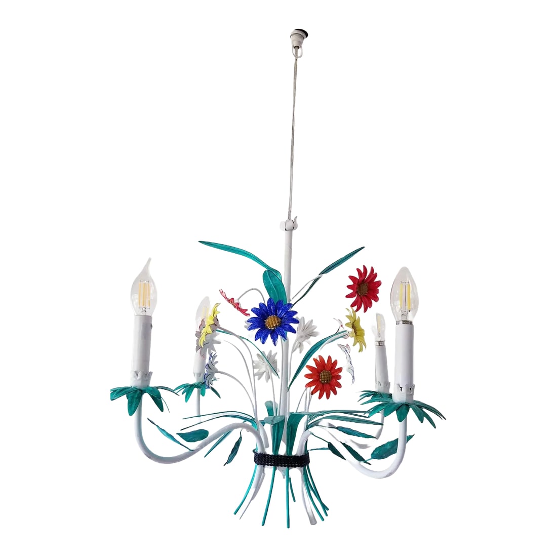 Mid-Century Italian Florentine Chandelier Painted Metal Tole Flowers Ceiling Light: Charming vintage florentine chandelier painted metal tole flowers 60's italian ceiling chandelier. The flowers look like daisies with different colors in a floral arrangement. This Including the