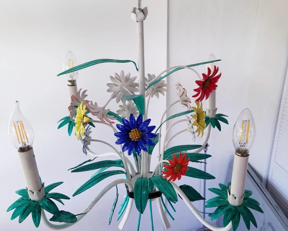 Mid-Century Italian Florentine Chandelier Painted Metal Tole Flowers Ceiling Light - 2