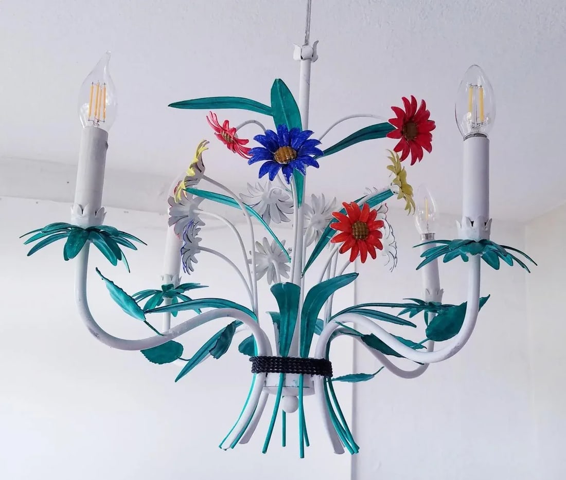 Mid-Century Italian Florentine Chandelier Painted Metal Tole Flowers Ceiling Light - 3