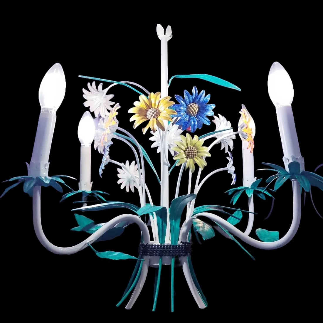 Mid-Century Italian Florentine Chandelier Painted Metal Tole Flowers Ceiling Light - 5