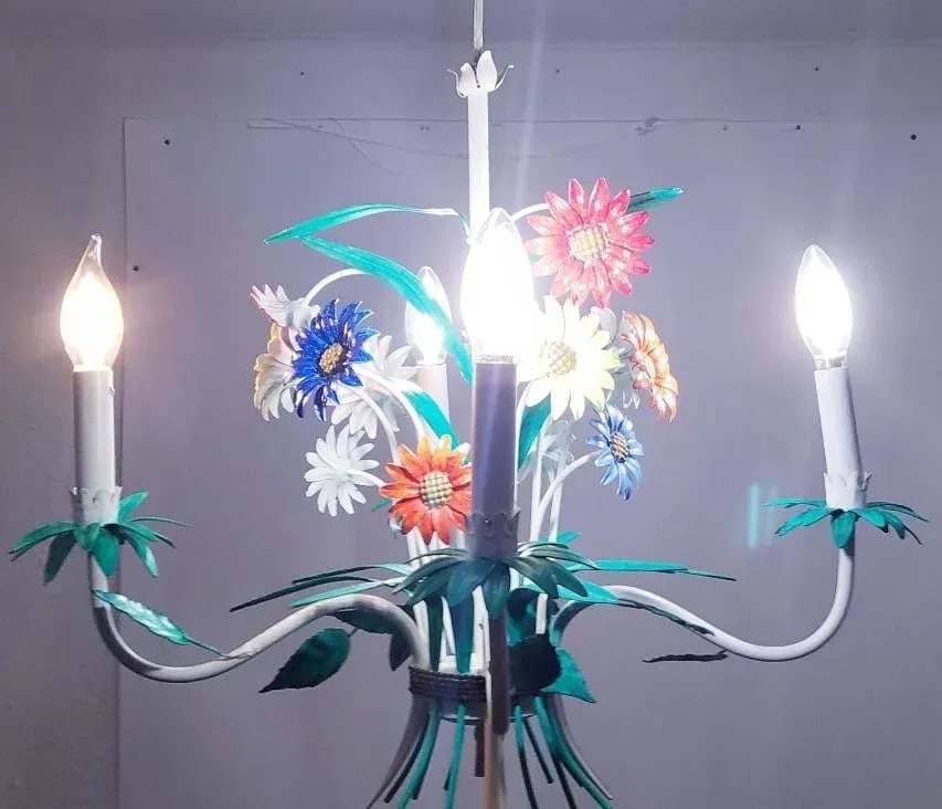 Mid-Century Italian Florentine Chandelier Painted Metal Tole Flowers Ceiling Light - 8