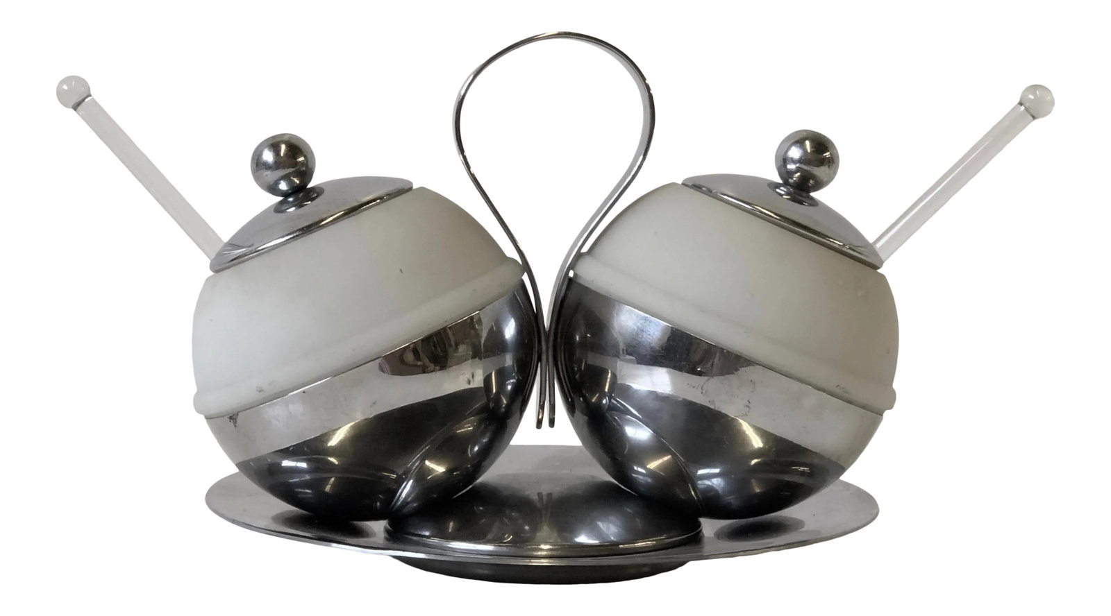 Art Deco Chrome and Glass Serving Piece by Chase - Set of 4: Rare 1930's Art Deco serving piece that could be used as a cream and sugar or salt and pepper set that is made of chrome and frosted glass. The set includes the lidded double server on stand, a plate