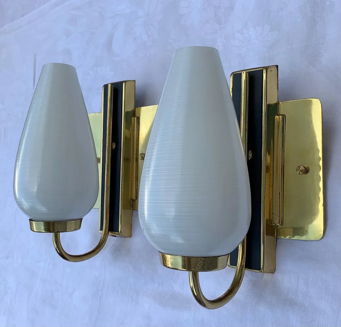 1950s Stilnovo Style White Black and Brass Sconces - a Pair - 10