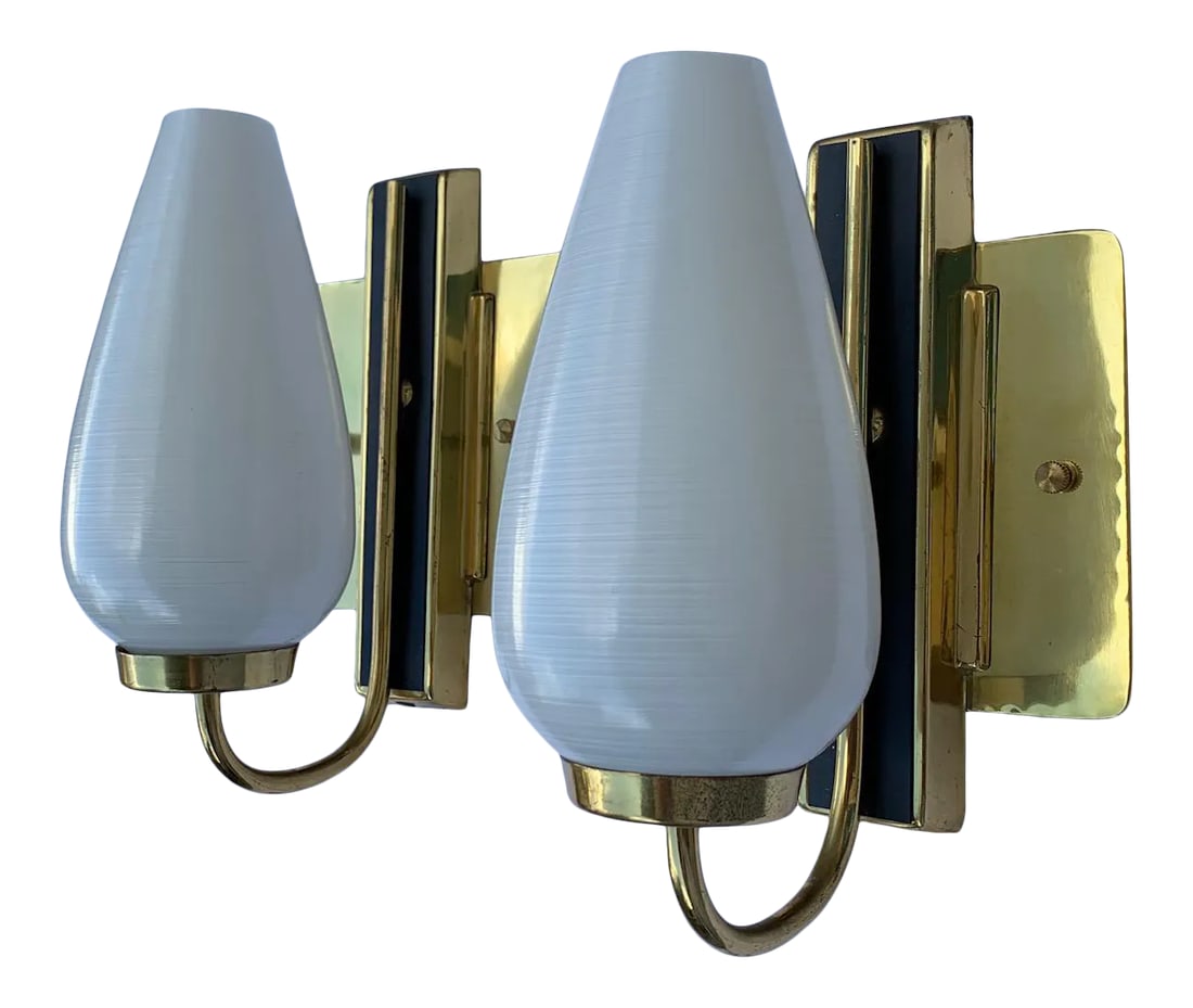 1950s Stilnovo Style White Black and Brass Sconces - a Pair: A stylish pair of 1950s Italian Stilnovo style single light brass with original white spun glass shades and black patinated detailing. These sconces have been newly electrified with UL parts and squar