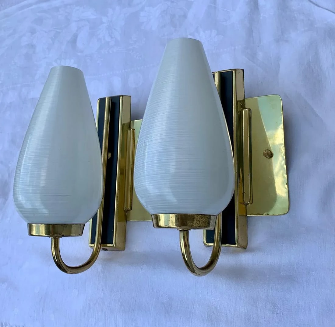 1950s Stilnovo Style White Black and Brass Sconces - a Pair - 9