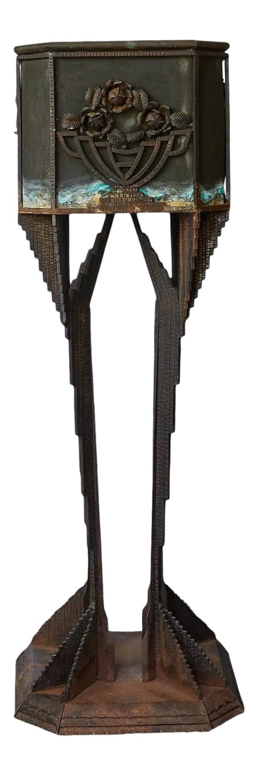 Art Deco Iron Pedestal Planter: Fabulous Art Deco sculptural iron pedestal supporting a square wire mesh planter with decorative appliques of metal flowers in iron bowls on all four sides. The planter holds a metal liner on its