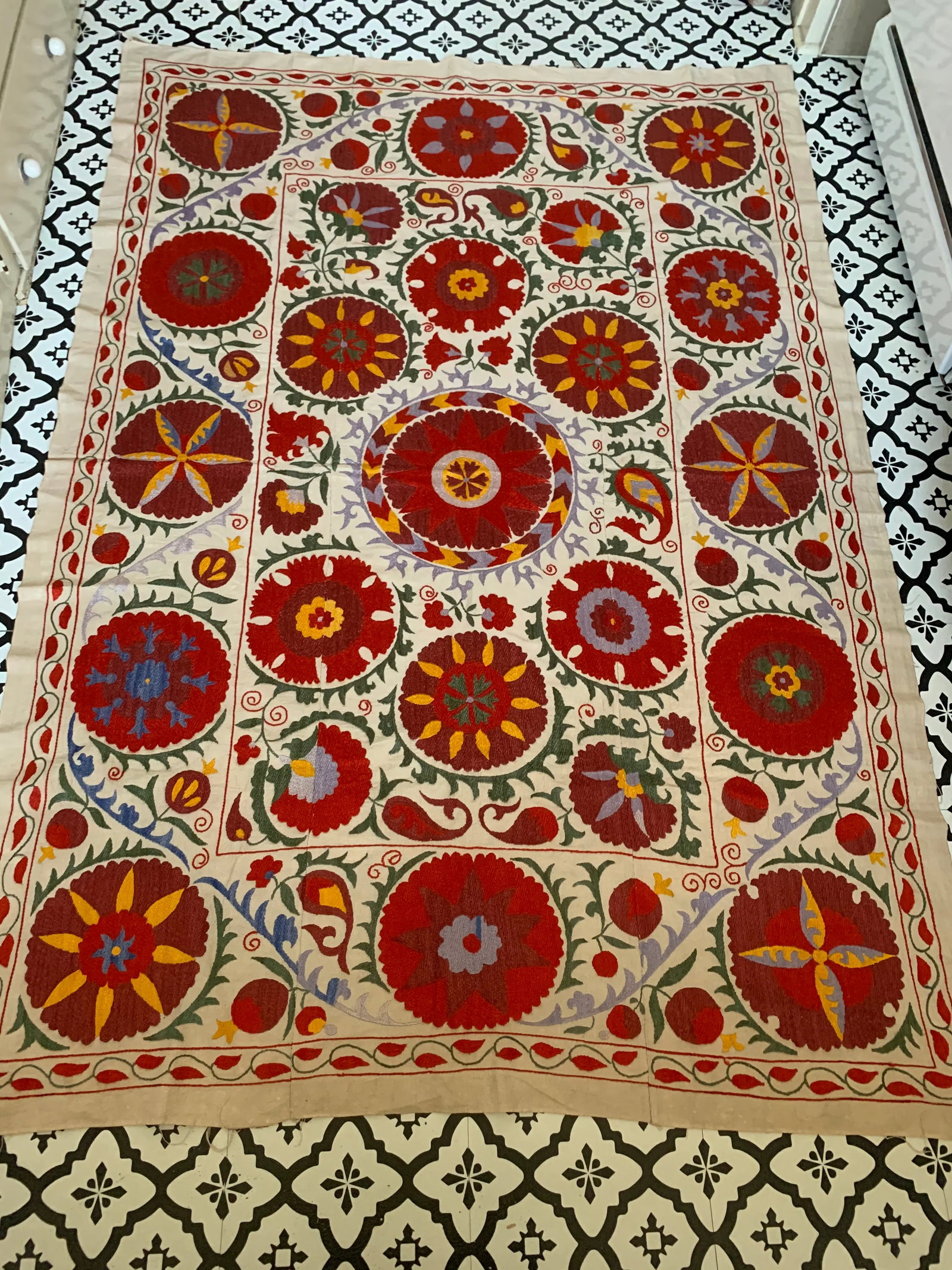 Vintage Colorful Hand Embroidered Floral Pommagranite Suzani Textile Bukhara Uzbekistan - 10