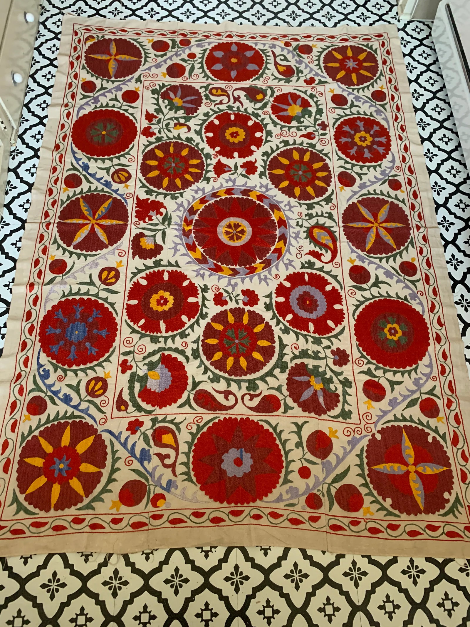 Vintage Colorful Hand Embroidered Floral Pommagranite Suzani Textile Bukhara Uzbekistan - 13