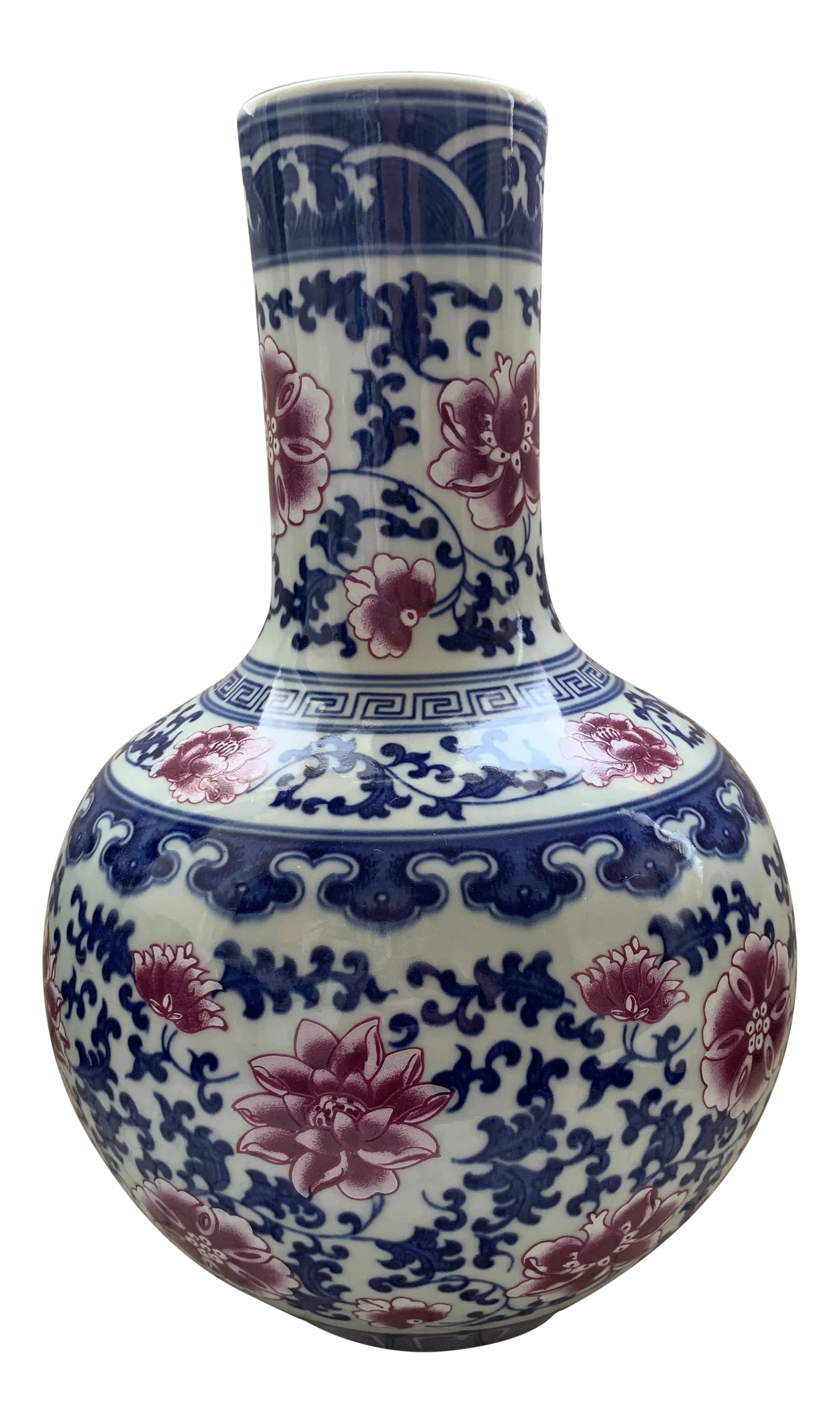 Chinese Blue & White Traditional Porcelain Chinos Vase Pink Flowers: Chinese colorful hand porcelain vase. Artist stamp underneath. Condition: Alterations: Original Condition Unaltered Imperfections: Some Imperfections Condition Notes: excellent Materials & Techniq