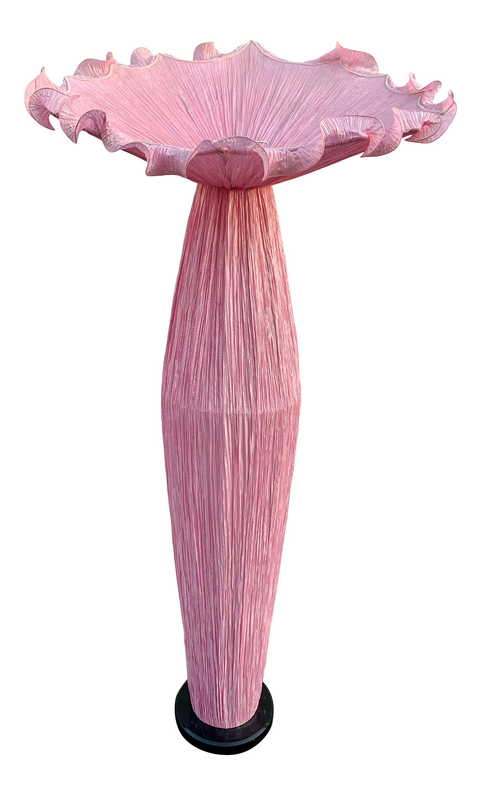 Anemone Sculptural Floor Lamp: This is a piece of art. This is a floor lamp in the style of Aqua Creation's Morning Glory lamp. It is made of metal frame wrapped with pink fabric. The base is black marble. It's amazing during the d