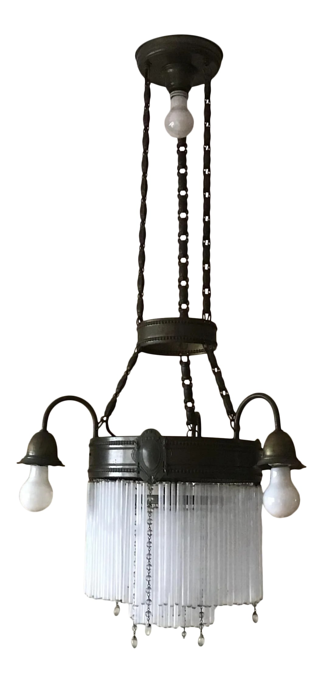 1920's Art Deco Brass 5 Lights Chandelier With Two Tier Mount Glass Cascade: Elegant 1920's Art Deco chandelier with two tiers of hanging glass rods is supported by a brass frame with ornate details. It features the center band with three arms, suspended from the canopy on