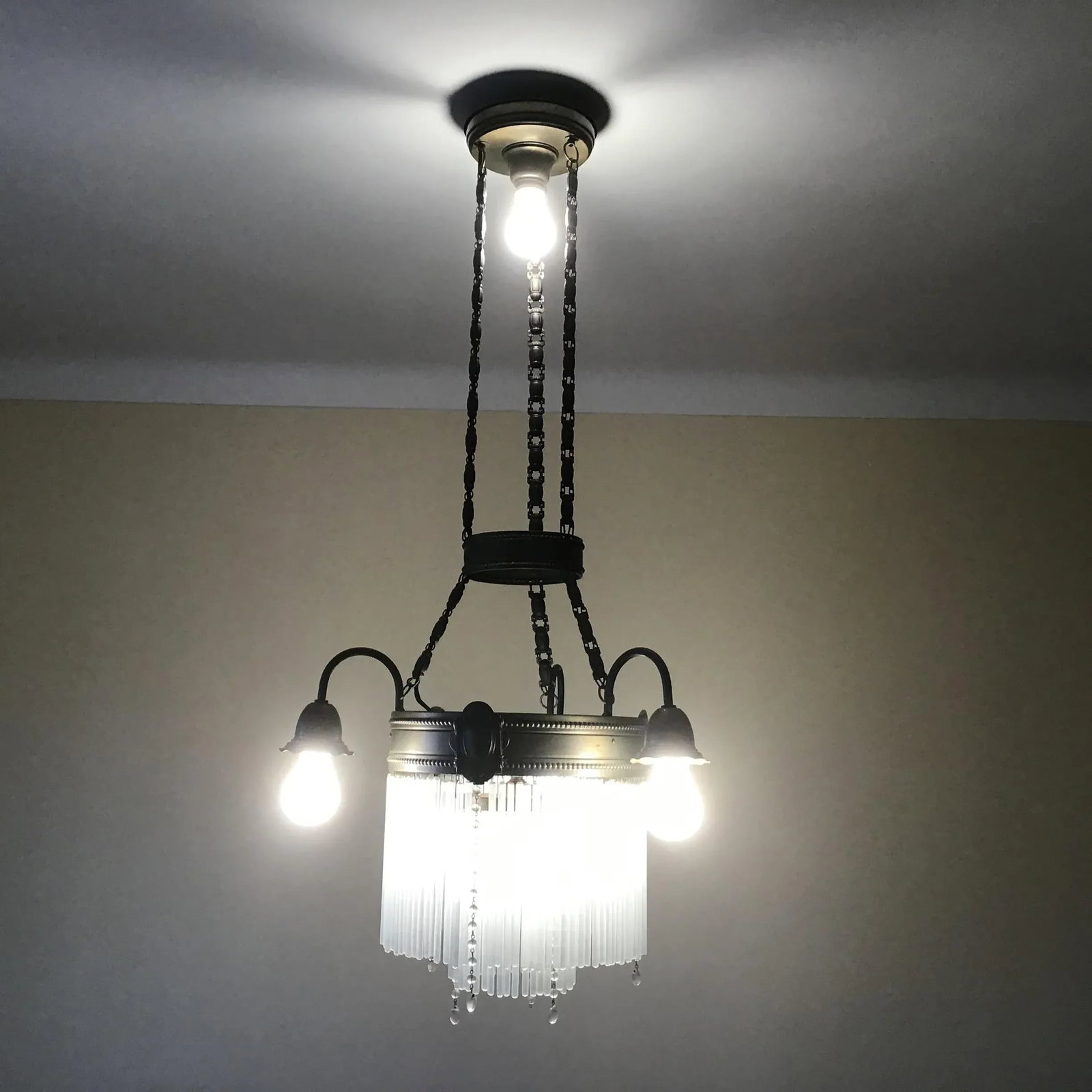 1920's Art Deco Brass 5 Lights Chandelier With Two Tier Mount Glass Cascade - 2