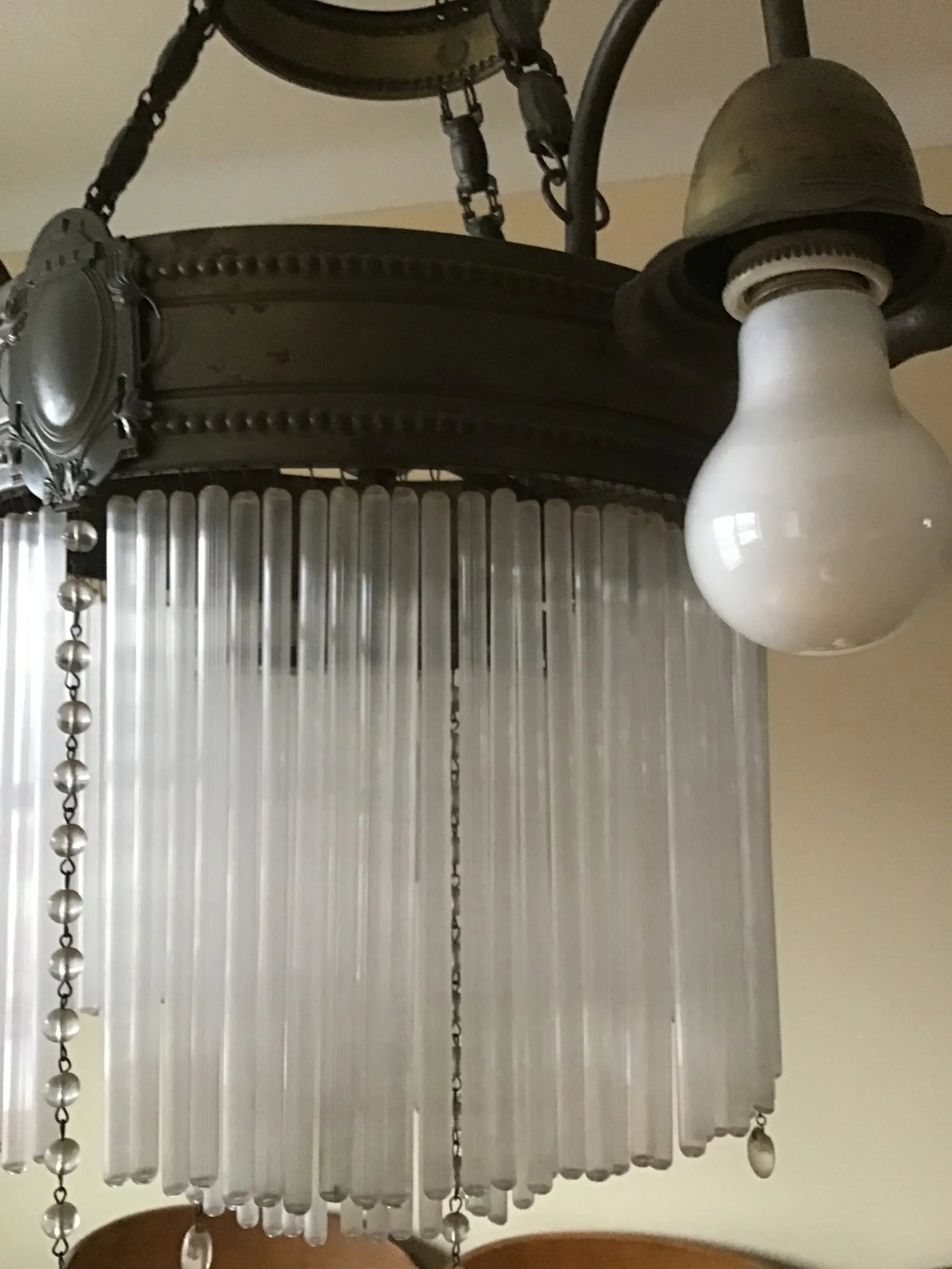 1920's Art Deco Brass 5 Lights Chandelier With Two Tier Mount Glass Cascade - 3