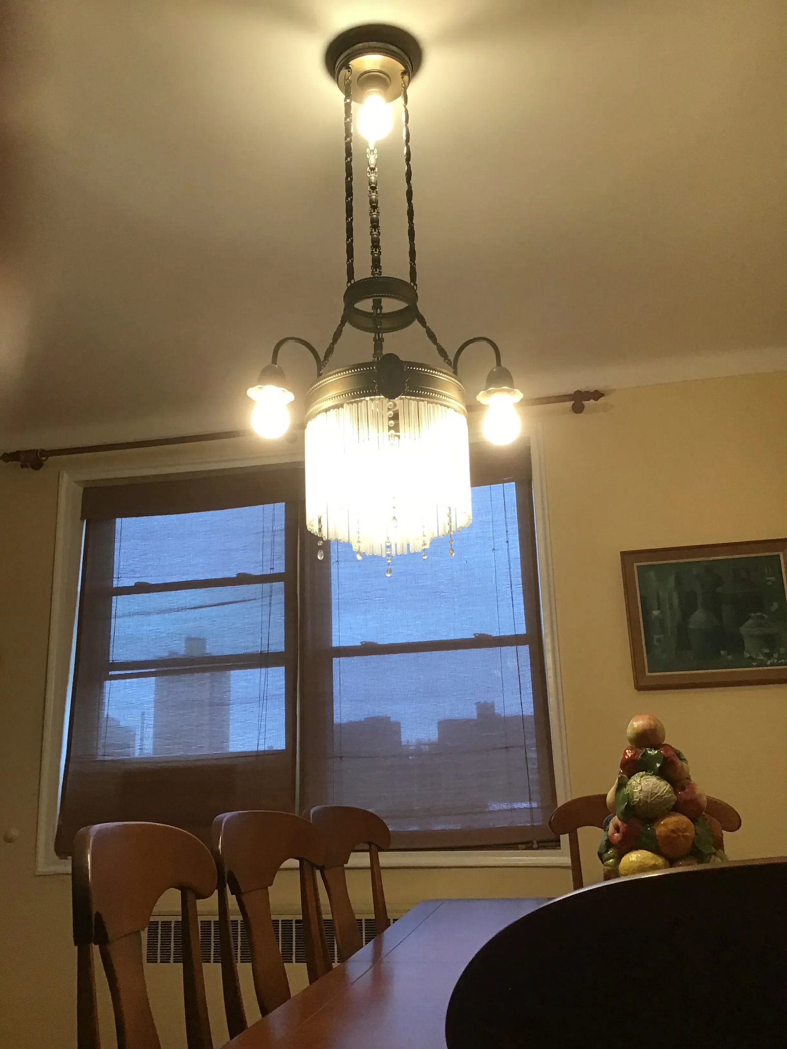 1920's Art Deco Brass 5 Lights Chandelier With Two Tier Mount Glass Cascade - 4
