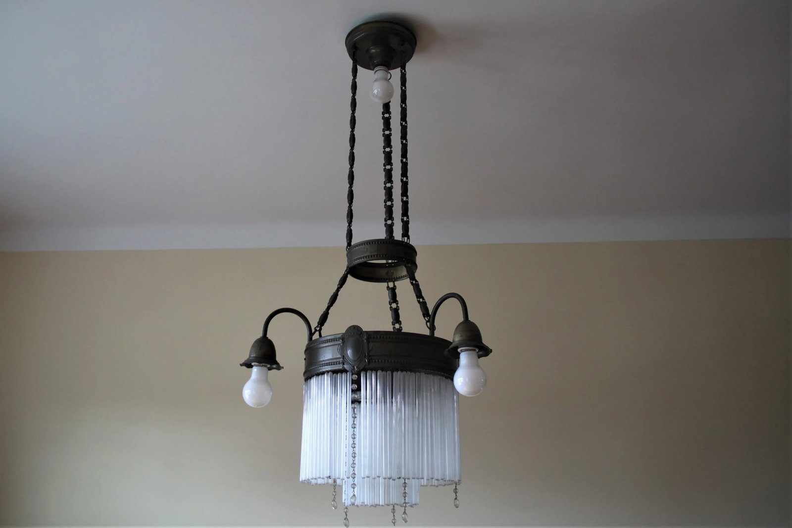 1920's Art Deco Brass 5 Lights Chandelier With Two Tier Mount Glass Cascade - 5