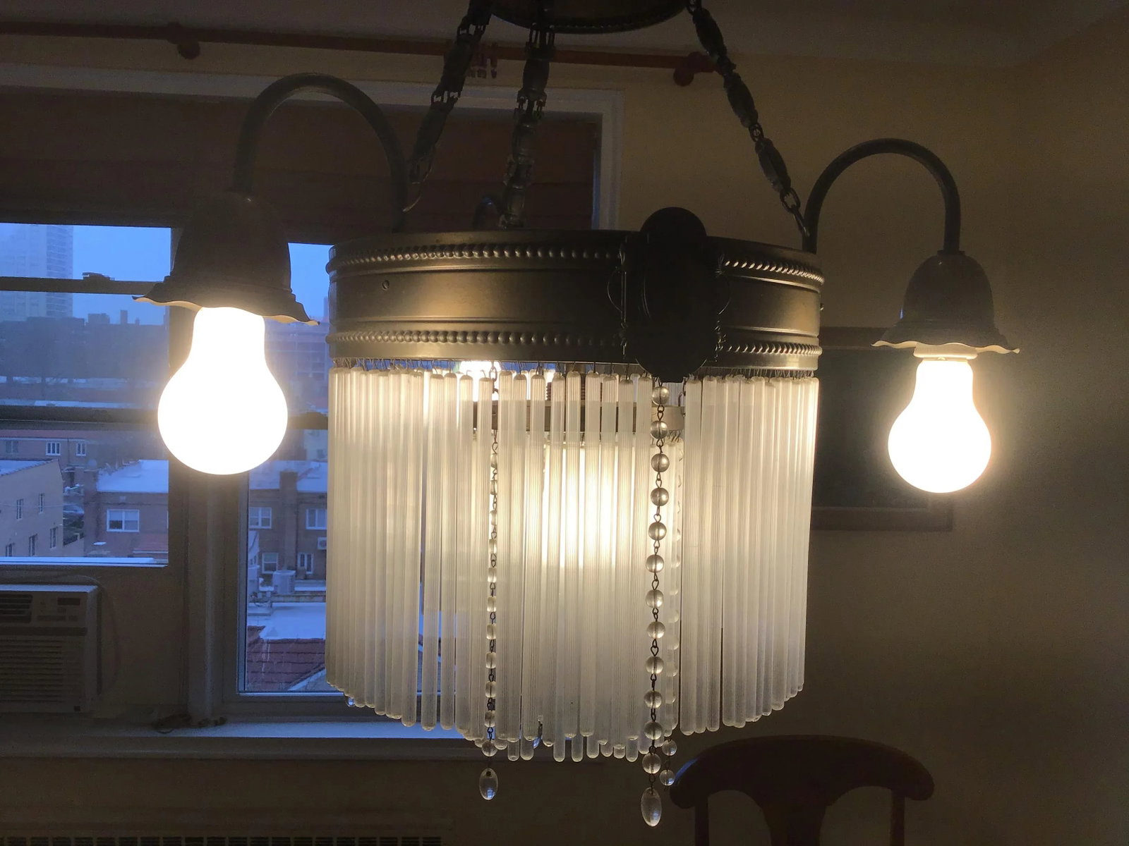 1920's Art Deco Brass 5 Lights Chandelier With Two Tier Mount Glass Cascade - 6