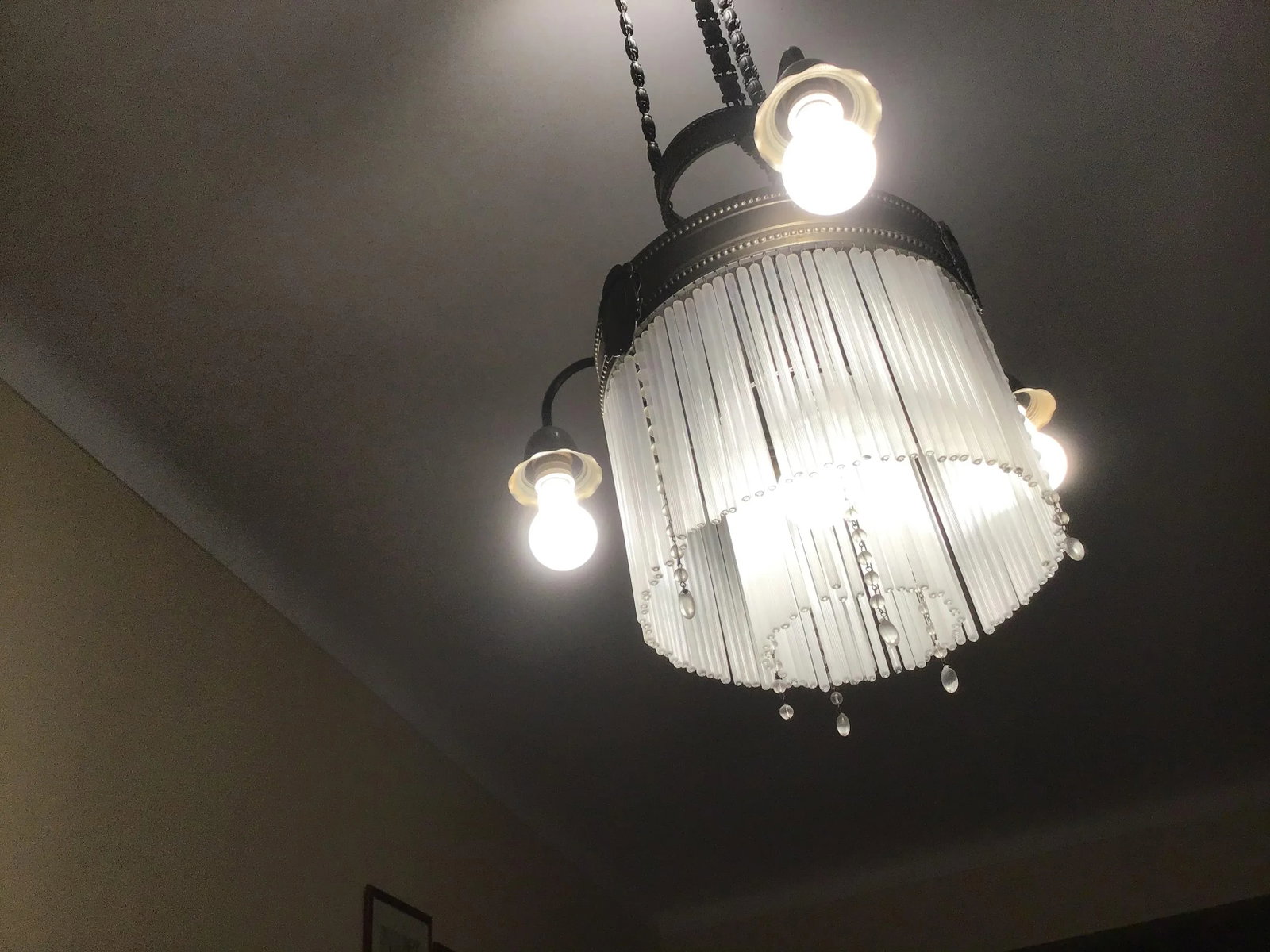 1920's Art Deco Brass 5 Lights Chandelier With Two Tier Mount Glass Cascade - 7