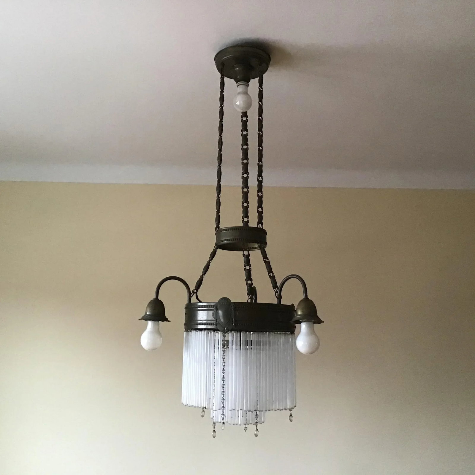 1920's Art Deco Brass 5 Lights Chandelier With Two Tier Mount Glass Cascade - 8
