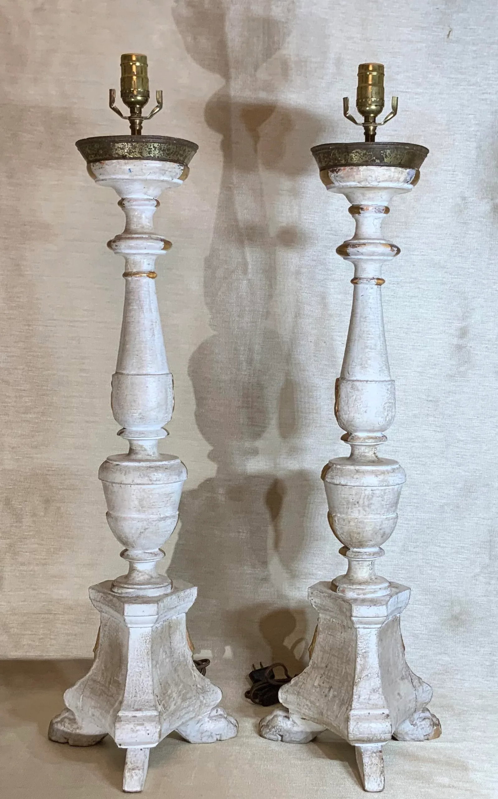 Antique Neoclassical Italian Carved Gold Giltwood Candlestick Table Lamps - a Pair - 10