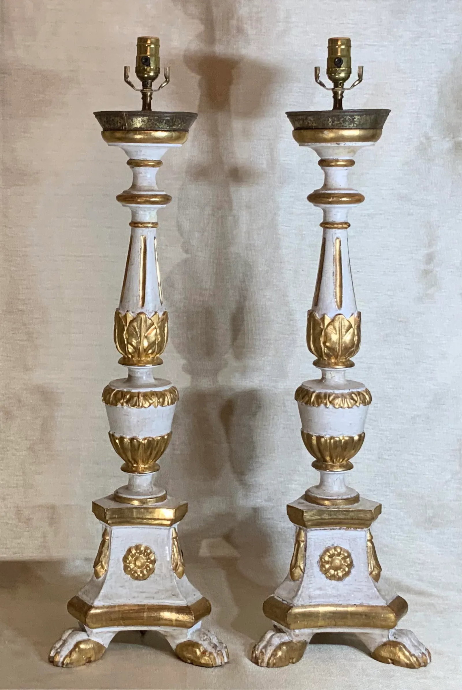 Antique Neoclassical Italian Carved Gold Giltwood Candlestick Table Lamps - a Pair - 11
