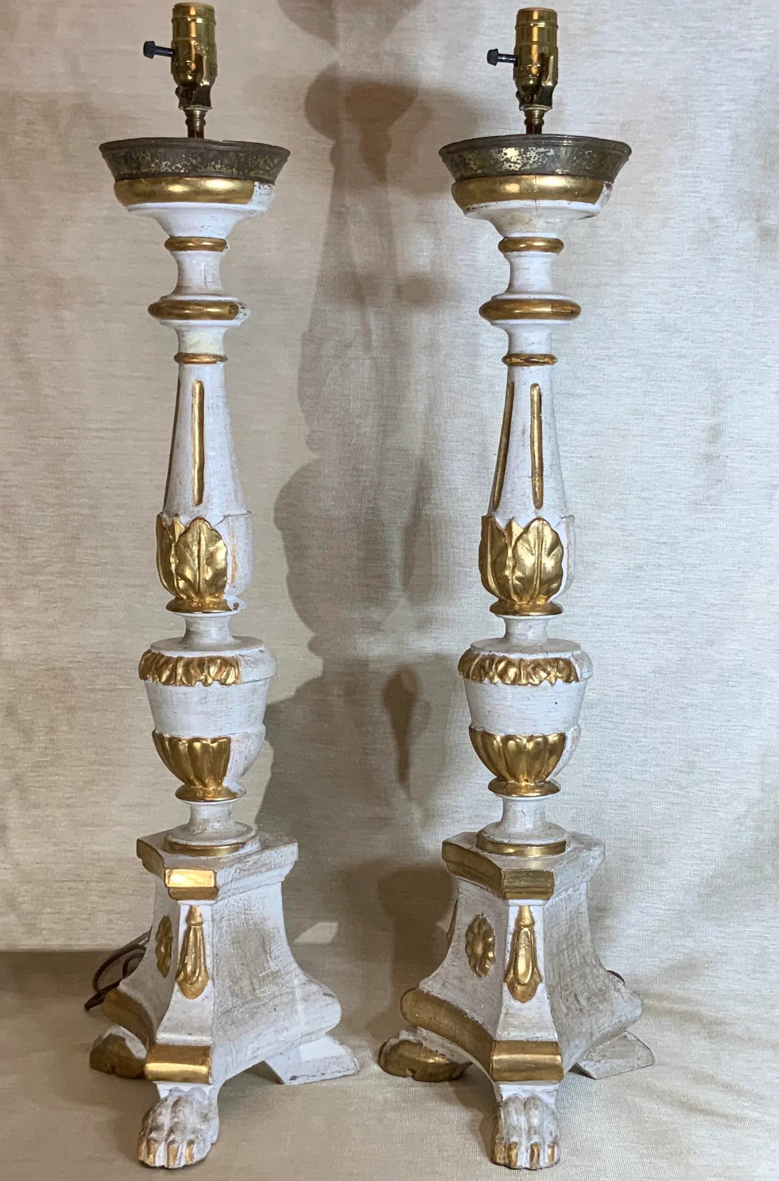 Antique Neoclassical Italian Carved Gold Giltwood Candlestick Table Lamps - a Pair - 12