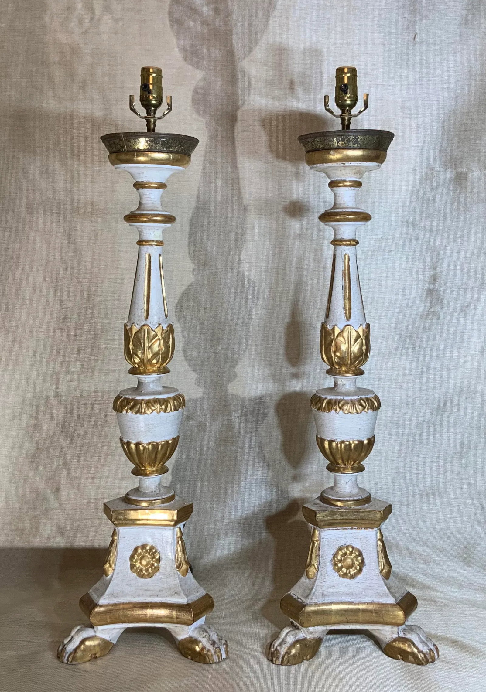 Antique Neoclassical Italian Carved Gold Giltwood Candlestick Table Lamps - a Pair - 13